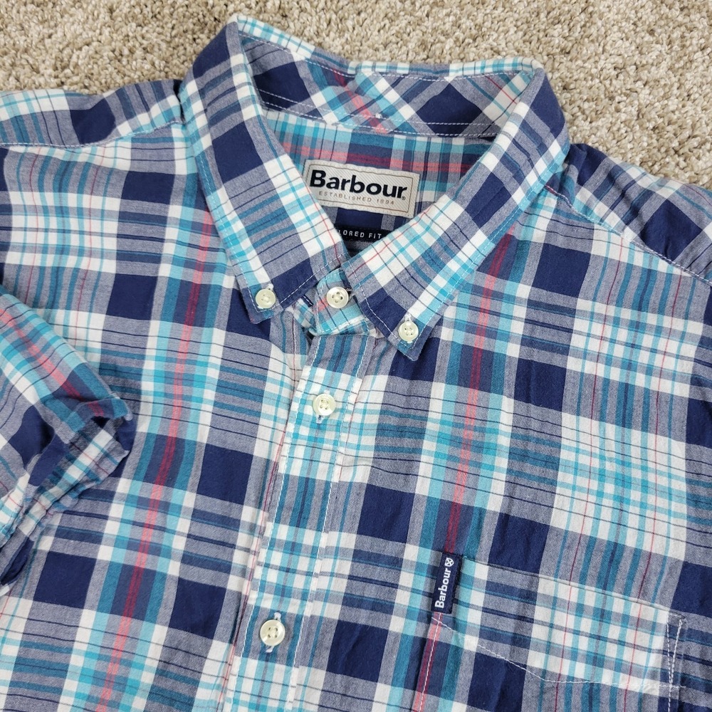 Barbour Tailored Fit Mens XL Blue‎ White Plaid Button Down Short Sleeve